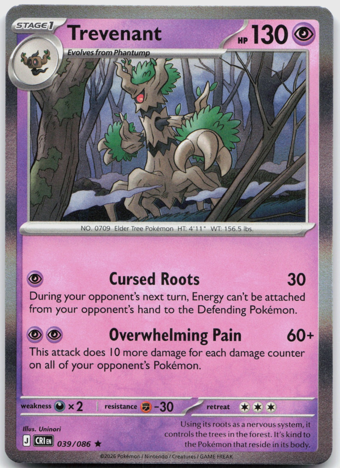 Trevenant Holo Rare ME04: Chaos Rising 039/086 NM