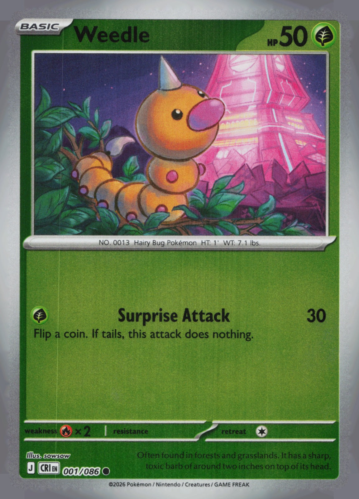 Weedle Reverse Holo Common ME04: Chaos Rising 001/086 NM