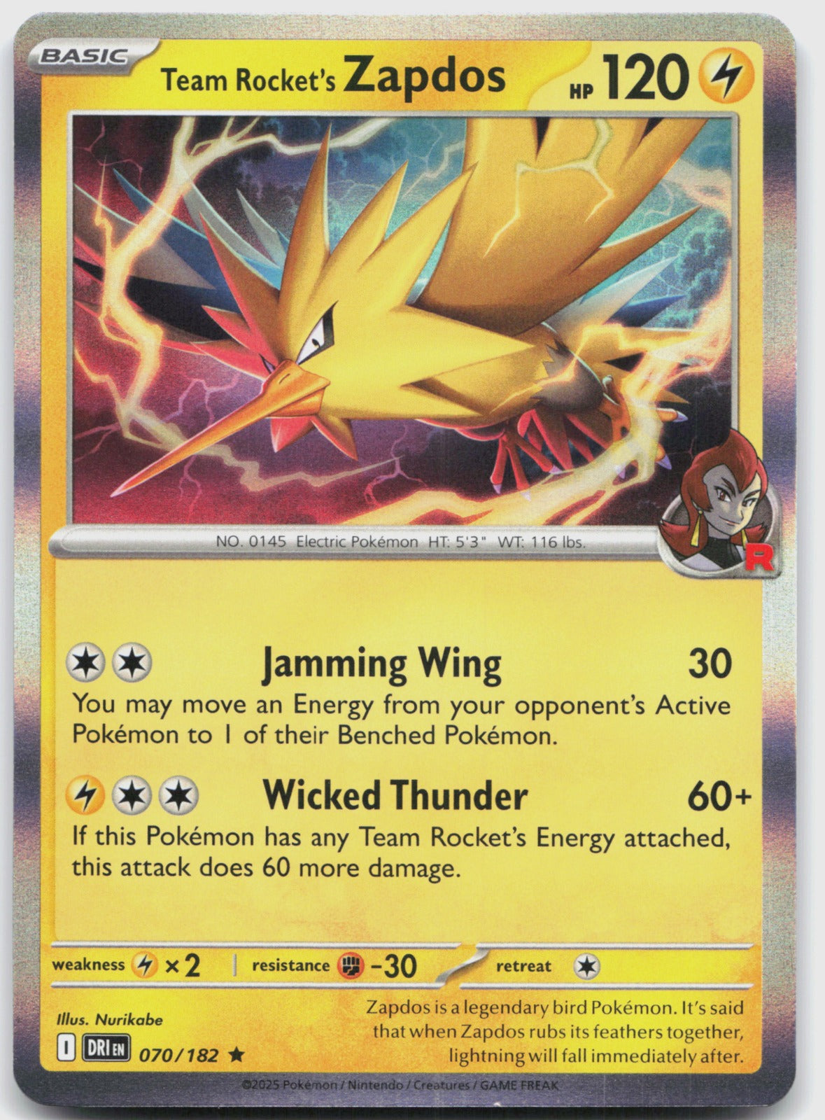Team Rocket's Zapdos Holo Rare SV10: Destined Rivals 070/182 NM