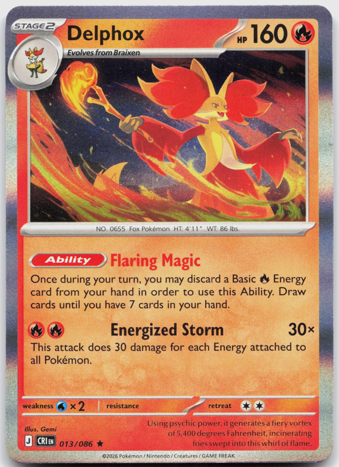 Delphox Holo Rare ME04: Chaos Rising 013/086 NM