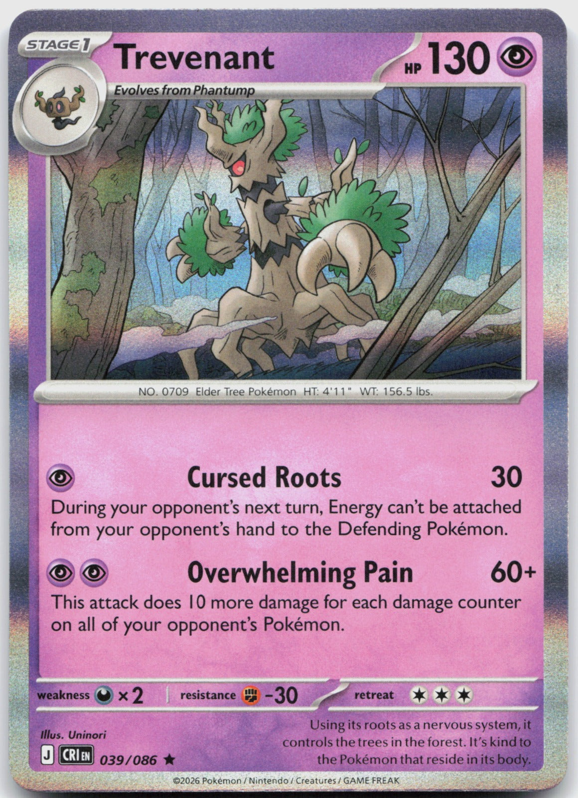 Trevenant Holo Rare ME04: Chaos Rising 039/086 NM