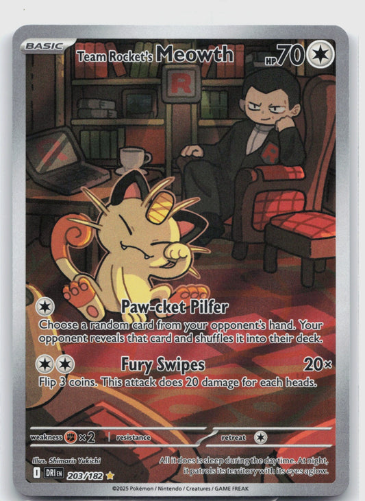 Team Rocket's Meowth Holo Illustration Rare SV10: Destined Rivals 203/182 NM