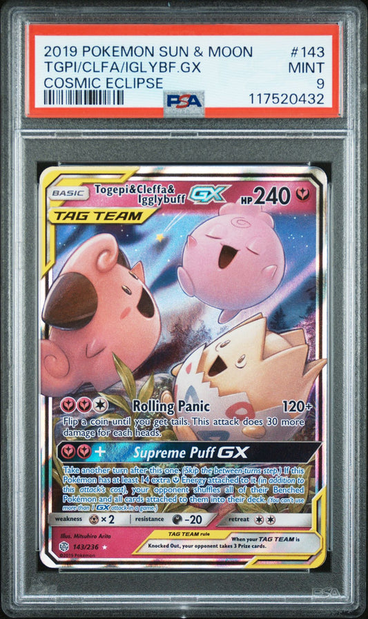 PSA 9 Togepi & Cleffa & Igglybuff GX Ultra Rare SM - Cosmic Eclipse 143/236