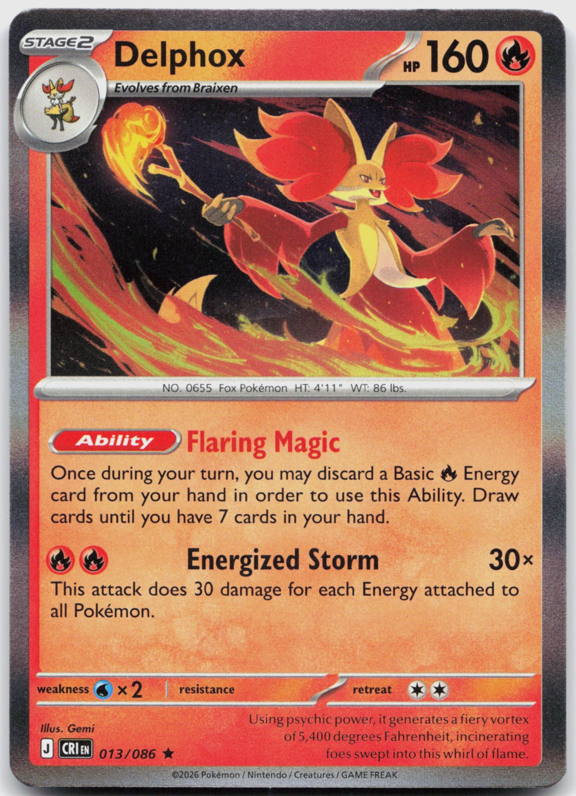 Delphox Holo Rare ME04: Chaos Rising 013/086 NM