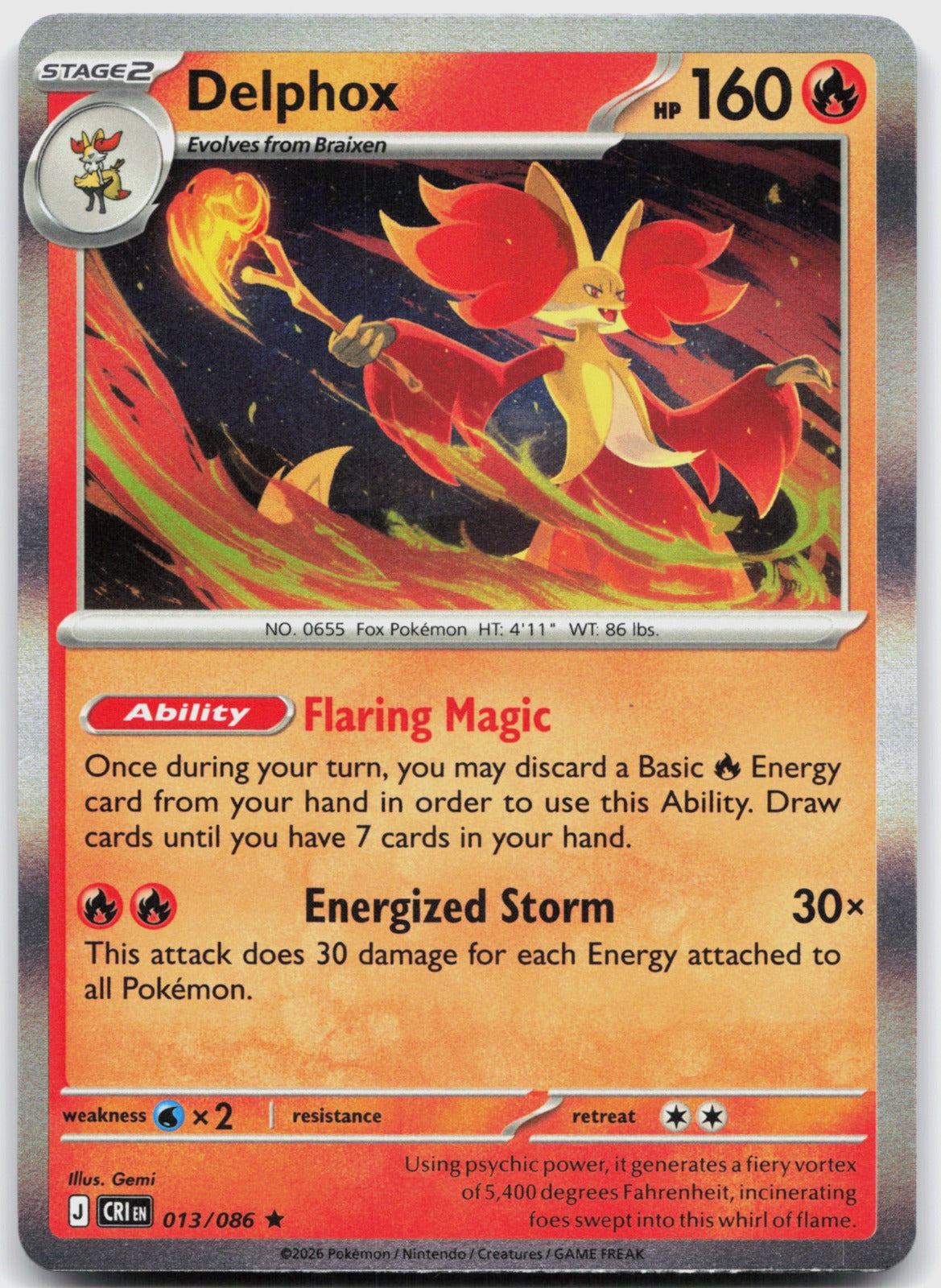 Delphox Holo Rare ME04: Chaos Rising 013/086 NM