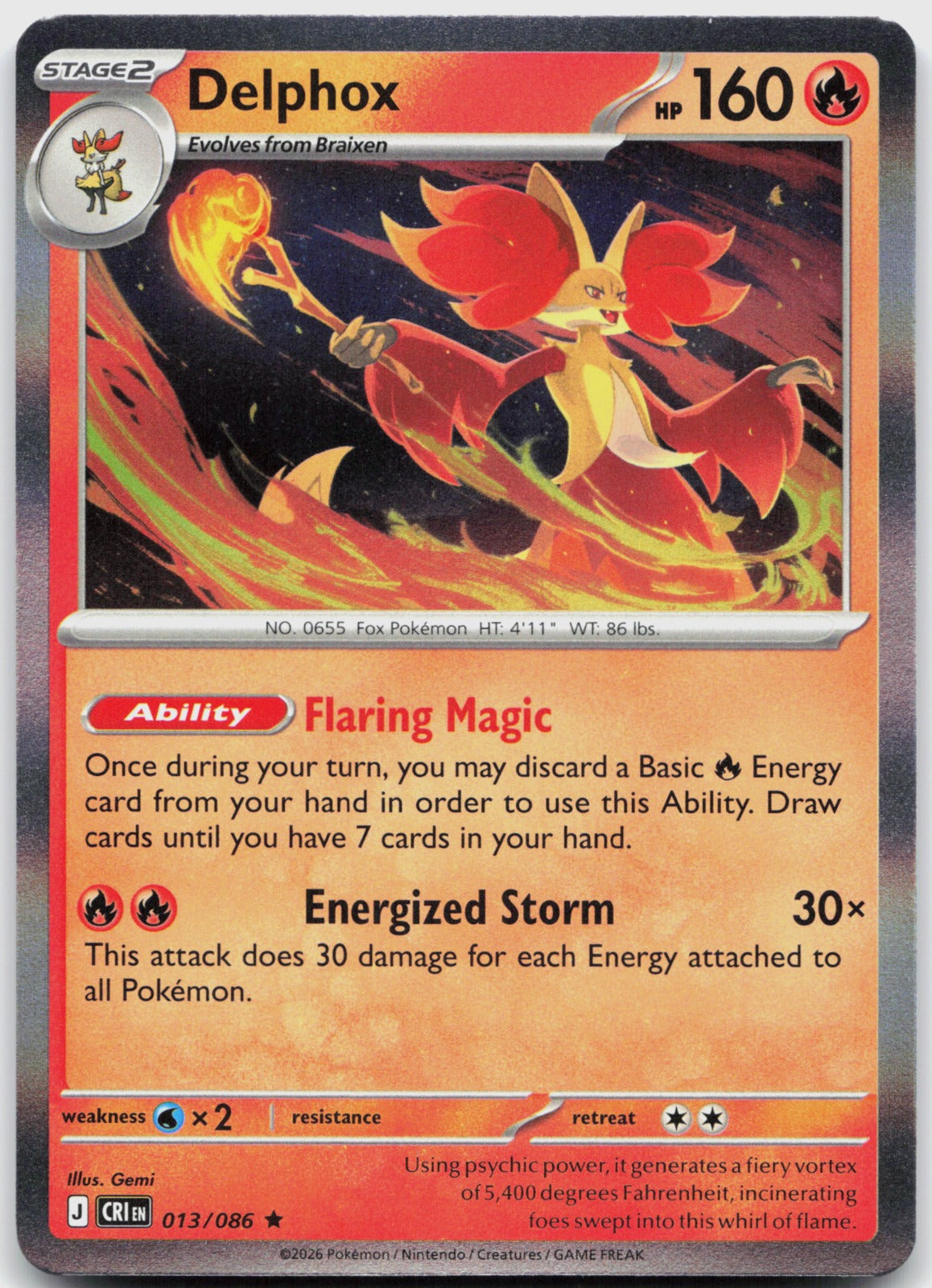 Delphox Holo Rare ME04: Chaos Rising 013/086 NM