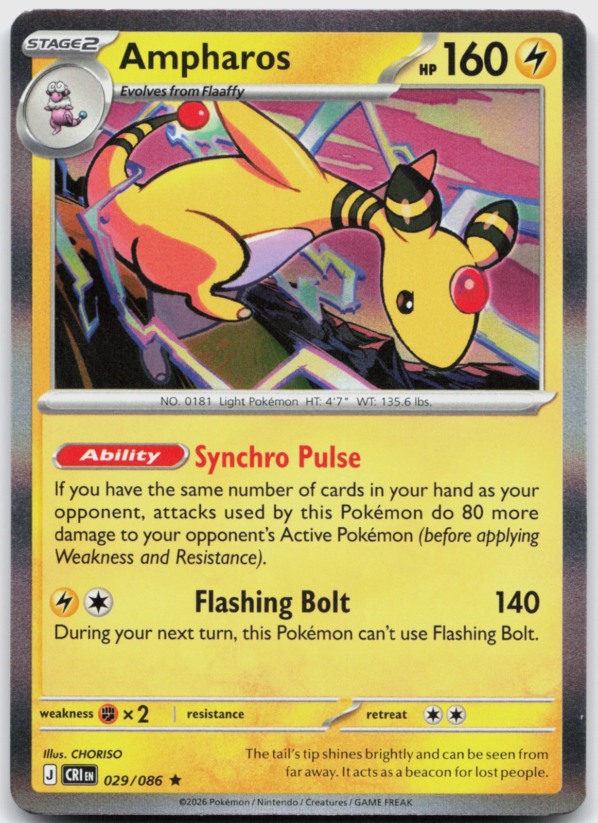 Ampharos Holo Rare ME04: Chaos Rising 029/086 NM