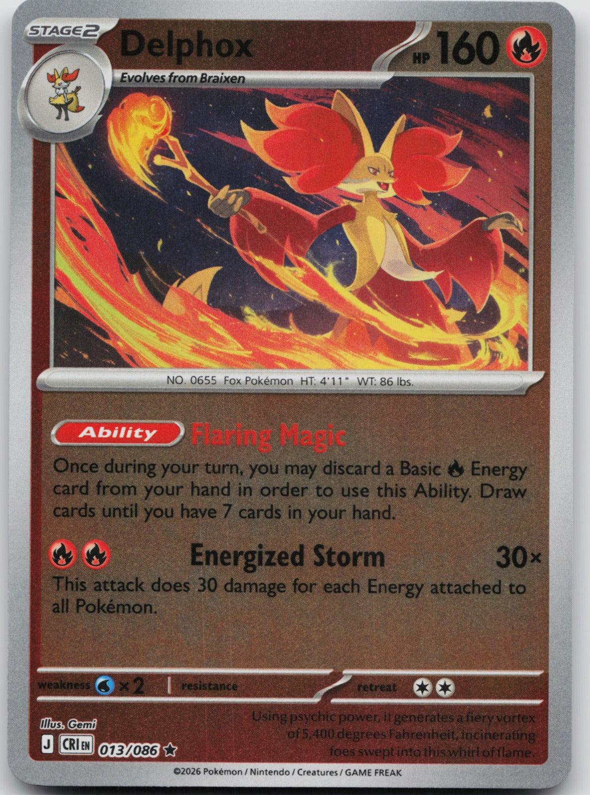 Delphox Reverse Holo Rare ME04: Chaos Rising 013/086 NM