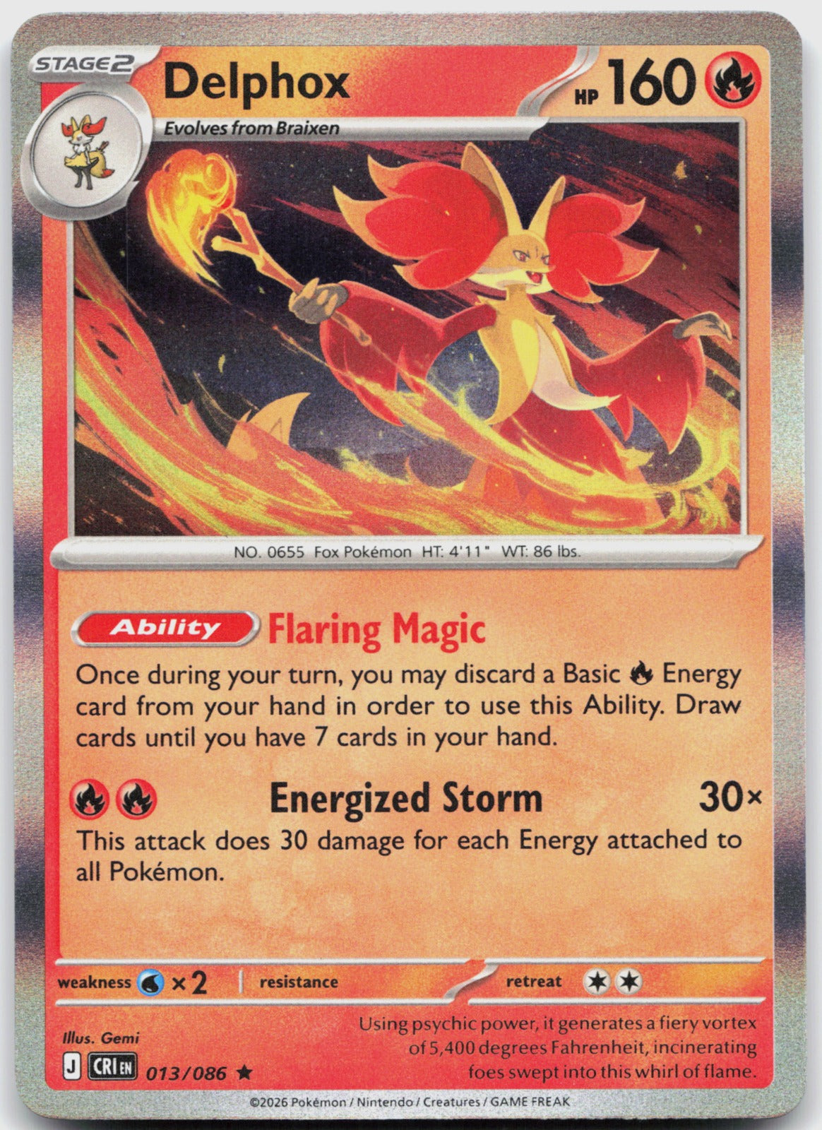 Delphox Holo Rare ME04: Chaos Rising 013/086 NM